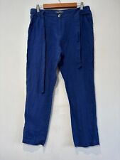 Laura Ashley 100% Linen Trousers Womens Size UK 10 Blue Regular Fit Belted