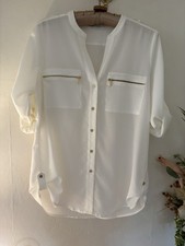 Calvin Klein Women's Blouse  In White Polyester Shoulder Tabs & Tabs For Sleeve
