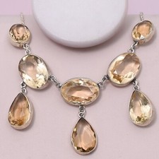 Antique Victorian Edwardian Natural Citrine Sterling Silver Bezel Set Necklace