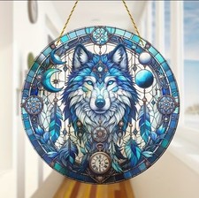 Snow Wolf Suncatcher - Stained Glass Effect Hanging Window Decoration Gift (A2)