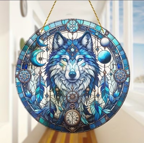 Snow wolf suncatcher - suncatcher, stained