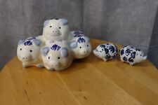Vintage Handpainted Delft Blue Stacking Pigs Piggy Bank W/Salt & Pepper Shakers