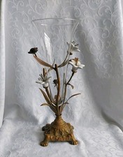 BEAUTIFUL TALL FRENCH BELLE EPOQUE GILT  GLASS VASE WITH PORCELAIN FLOWERS