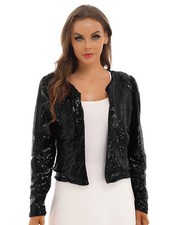 Women Glitter Sequin Blazer Bolero Shrug Cropped Jacket Open Front Cardigan Coat