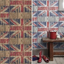 Galerie Distressed Wood Effect Union Jack Wallpaper Stylish Paste The Wall