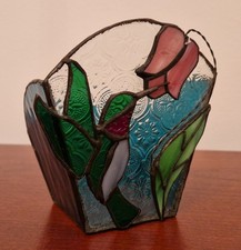 Stained Glass Planter Small Glass Vase Kingfisher Flower Design 12 X 9 X 7cm Vgc