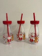 Christmas Plastic Drinking Milk bottles with straws Set of 3