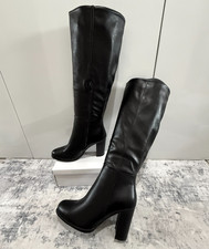 Women’s Knee High Boots Black Faux Leather Block Heel Zip Up Round Toe Sizes 3-8
