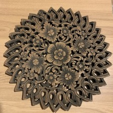 Vintage Large Wooden Wall Art  Plaque Hand Carved Floral Design 16” (40.5cm)