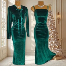 Green velvet dress suit 16 ruched stretch midi with matching  jacket  CHRISTMAS