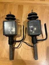 Antique Pair Of English Brass & Steel Bevel Glass Horse Carriage Driving Lamps