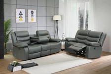 3+2 Recliner Sofa Set –Bonded Leather, Cupholders & Drop-Down Table – Grey/Black