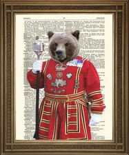 BEEFEATER BEAR: Fun London Grizzly Vintage Antique Dictionary Art Print (10x8")