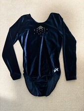 GK Elite Gymnastics Competition Leotard Velvet Rhinestone Size AM Navy Blue