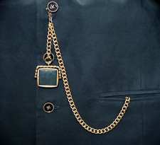 18ct Gold Plated Pocket Watch Albert Chain with Square Bloodstone Spinner
