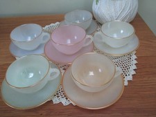 SUPERB SET OF 6 HARLEQUIN OPALESCENT FRENCH ARCOPAL TEA CUPS & SAUCERS - UNUSED