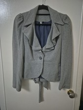 Size 10 Grey Top Shop Ruffle Collar Wool Feel Suit Blazer Fitted Jacket