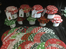 jam jar covers mixed fabric  Christmas  INCLUDES labels bands twine TAGS x 20