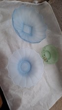 3 Old Vintage Bagley ? Frosted Blue Green Glass Bowls Round Deco