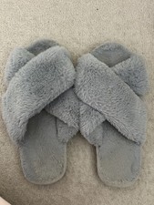 Grey Fluffy Slippers Open Toe Worn Size 5