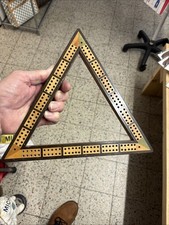 Vintage Triangular Wooden Cribbage Board, With Peg Storage On Underside Vgc