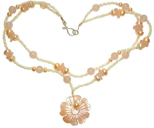 Real pearls rose quartz carved