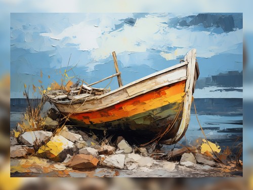 Rowboat stone beach oil - rowboat,