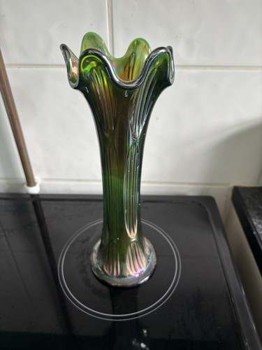 Fenton green ribbed glass vase - fenton,