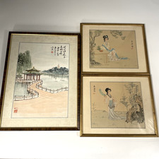 3 x Japanese Framed Paintings on Silk - Geishas 30 x 25cm & Landscape        K12