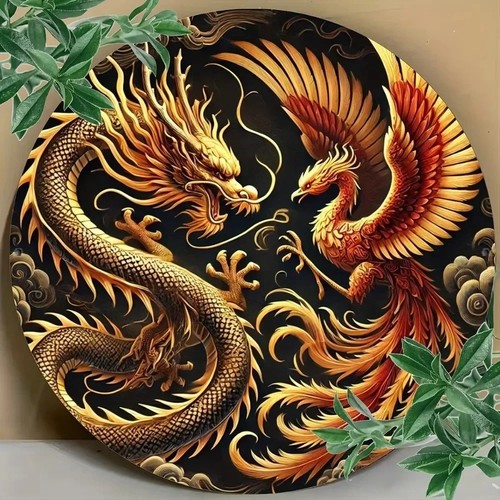Round metal dragon phoenix - &,