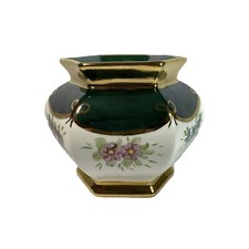 Vintage Green Gold Plant Pot Hand Painted Planter Flower Hexagon Signed