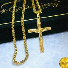 Mens 18k Gold Filled Crucifix Cross Pendant And  3mm Thick Wheat Chain 24" GIFT