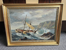 20th Century Oil On Canvas Painting Ship Galleon In A Stormy Sea G. Harrington