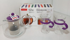 Bodum Assam Tea Press Set Teapot Press + 2 Glass Mugs + Spoons Purple New Unused