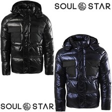 Soul Star Mens Puffer Jacket with Hood Shiny Quilted Winter Outerwear Coat S-XXL