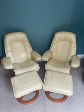 2x Cream Leather Recliner Armchairs with Swivel Bases & Foot Stools  Wood Bases