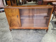 Vintage 20thC 1970's walnut low bookcase cabinet shelves glass doors