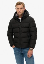 Superdry Jacket Sports Puffer Hooded Quilted Padded Winter Coat Full Zip Black