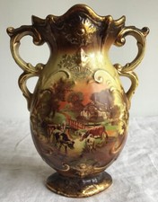 Victorian Double Handled Vase Cows & Cottage Scene. Gilt Trim. Impressed 317.