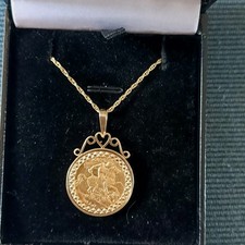 1910 King Edward 22ct Gold Half Sovereign In 9ct Mount+ 18" Hmk'd  Chain 8 grams