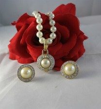 Vintage Cabouchon Faux Pearl Rhinestone  Necklace & Earrings  Set  CAT RESCUE