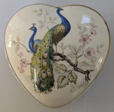Vintage Heart Shaped Peacock Painted Royal Worcester Palissy Ceramic Trinket Box