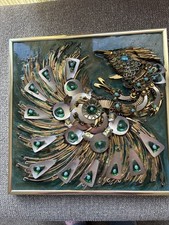 Elizabeth Lewis Signed Framed Peacock Sculpture Metal Artwork Wall Art