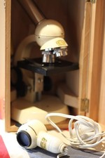 Vintage Optico Paris Student Microscope 1950s w/ Wooden Case & Lamp Untested