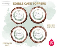 EDIBLE Cupcake Toppers CHRISTENING Gold Sage Printed ICING RICE WAFER 2" PRECUT