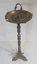 Art Deco Brass Heavy Floor Standing Ashtray Wooden Stand Ornate Village Design