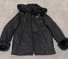 Boys Black Shearling Leather  Patchwork Jacket With Detachable Hood.