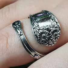 Daisy Flower Ring Spoon Wrap Round Adjustable s925 Silver Ring Metal Jewellery