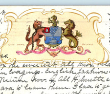 1905 City Arms Belfast Coat of Arms Series Seahorse Dog Ship Vintage Postcard A9