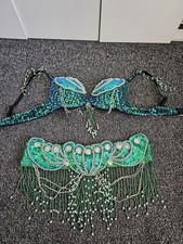 Women Beaded Belly Dance Costume, Bra Size 38B, Belt Size L, Green Colour